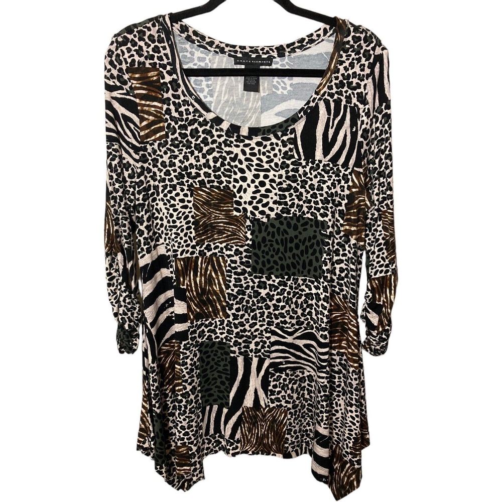 Grace Elements Large Leopard Tunic Shirt/Dress High/Low Hem 3/4 Ruched Sleeve